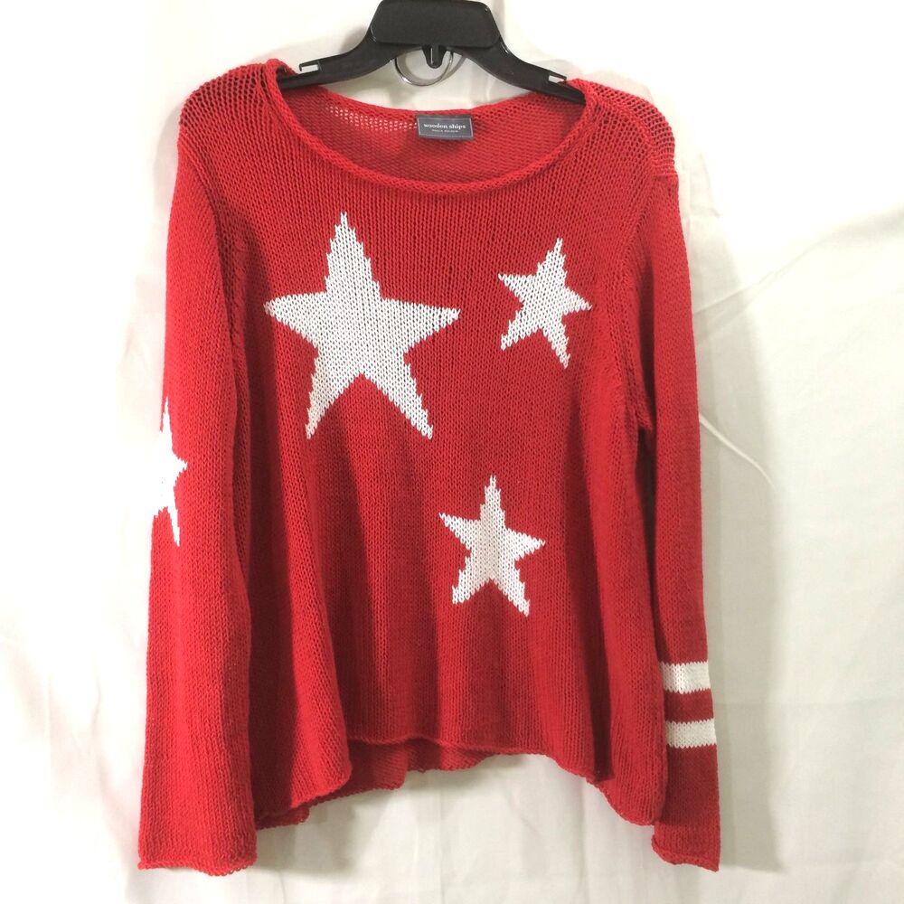 Wooden Ships Paola Buendia Red Star Open Knit Sweater Size Small Medium - Picture 3 of 5
